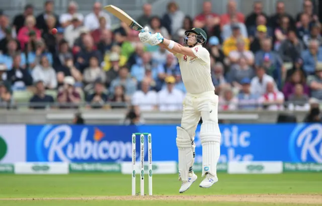 Australia batsman Steve Smith hits out during day one of the First Specsavers Ashes Test Match between England and Australia at Edgbaston