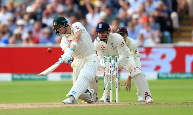 Steve Smith hits a six during day one of the Ashes Test match at Edgbaston, Birmingham