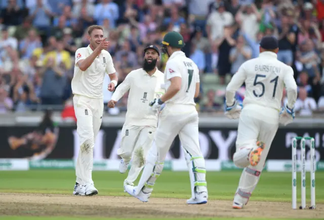 England bowler Stuart Broad reacts after taking the wicket of Tim Paine during day one of the First Specsavers Ashes Test Match between England and Australia