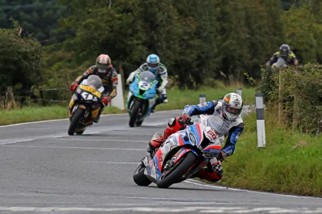 Peter Hickman on his way to a Superbikes victory on Saturday