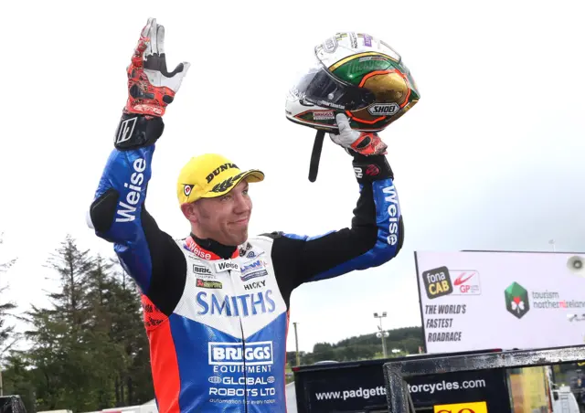 A familiar sight at the 2019 UGP - Peter Hickman celebrating a race victory