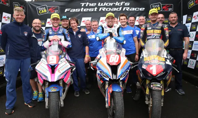 Davey Todd (second), Peter Hickman (winner) and Conor Cummins (third) after the Superstock race