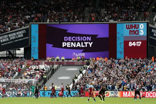 VAR decision displayed on screen at London Stadium