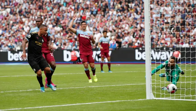 Gabriel Jesus adds what he thinks is Man City's third goal before it is ruled out by VAR for offside