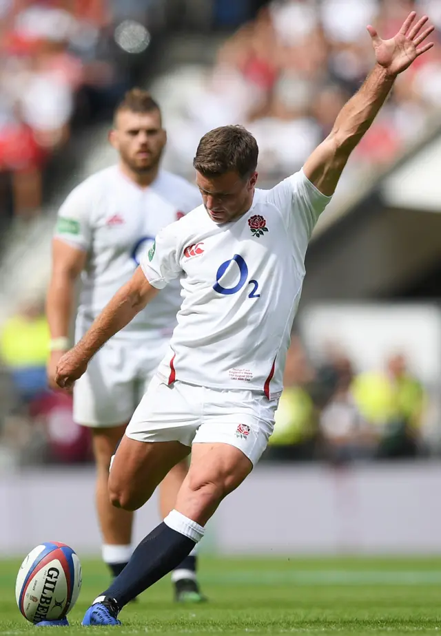 George Ford kicks a penalty for England