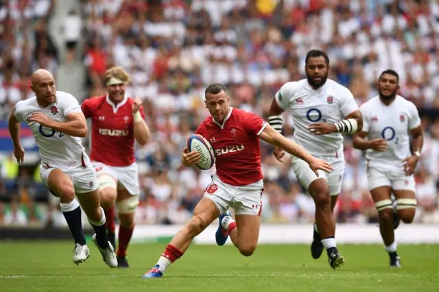 Gareth Davies starts his solo run for Wales' first try