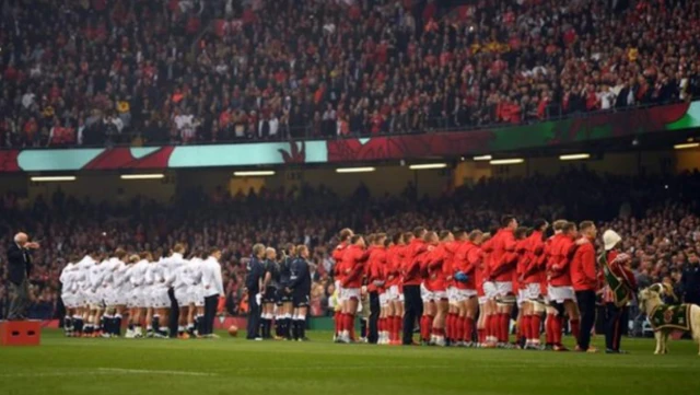 England and Wales line up for the anthems in Cardiff