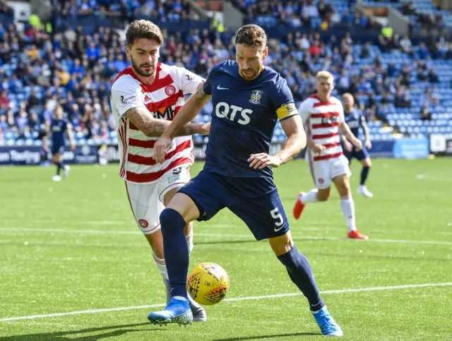 Kilmarnock's Kirk Broadfoot holds off Hamilton's George Oakley