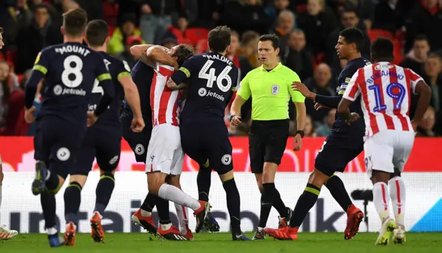 Stoke and Derby players scuffle