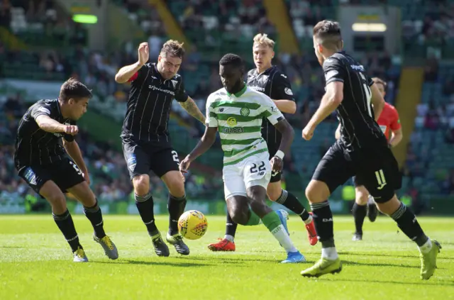 Celtic striker Odsonne Edouard is crowded out by the Pars