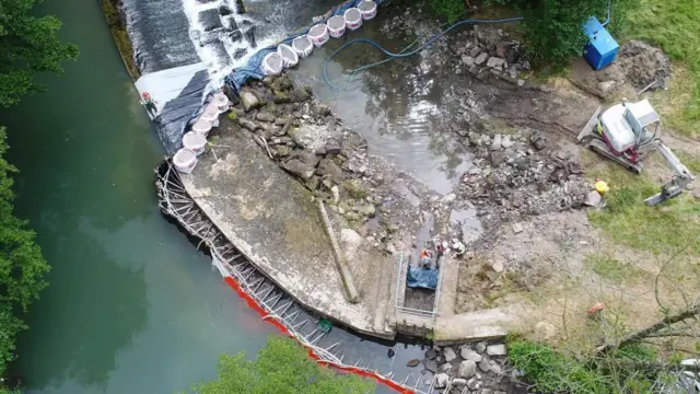 Overhead shot of work on the weir