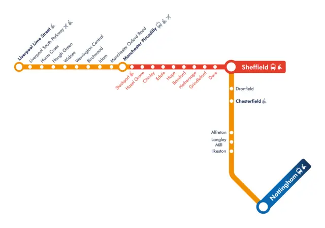 Map of East Midlands Trains Liverpool to Sheffield route