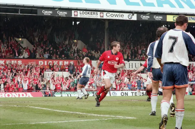 John Hendrie scores one of two goals for Boro