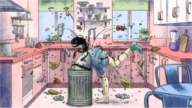 Illustration of woman rummaging in the bin