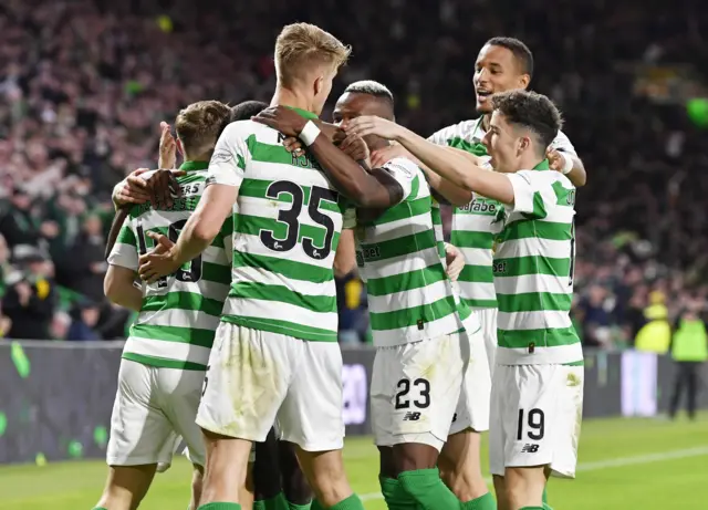 Celtic players celebrate James Forrest's goal