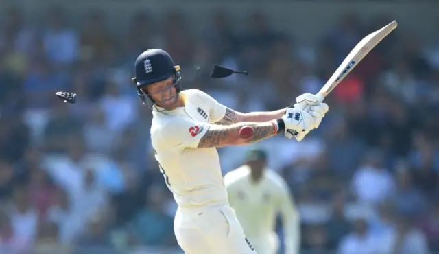 England batsman Ben Stokes is hit on the helmet by a ball from Hazlewood