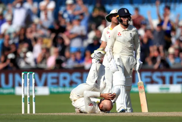 Nathan Lyon reacts during day four of the third Ashes Test match at Headingley