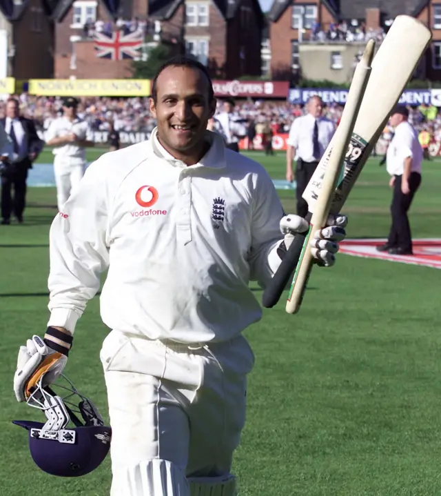 Mark Butcher celebrates after scoring 173 at Headingley