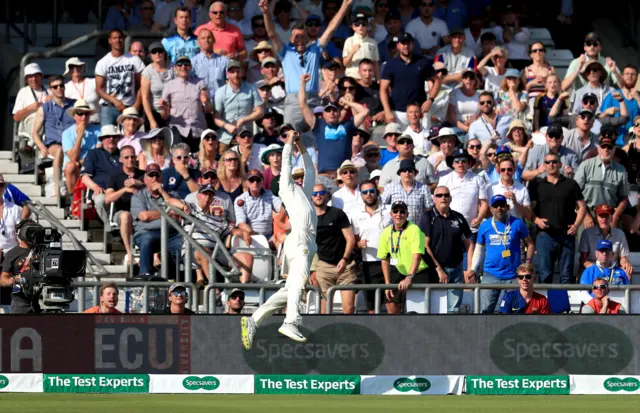 Marnus Labuschagne fails to stop a six from England"s Ben Stokes during day four of the third Ashes Test match at Headingley