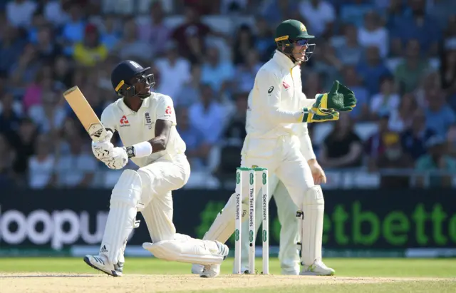 England batsman Jofra Archer hits out watched by Tim Paine only to be caught by Travis Head during day four of the 3rd Ashes Test Match between England and Australia at Headingley