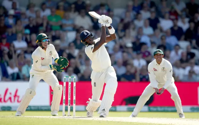 Jofra Archer in batting action during day four of the third Ashes Test match at Headingley