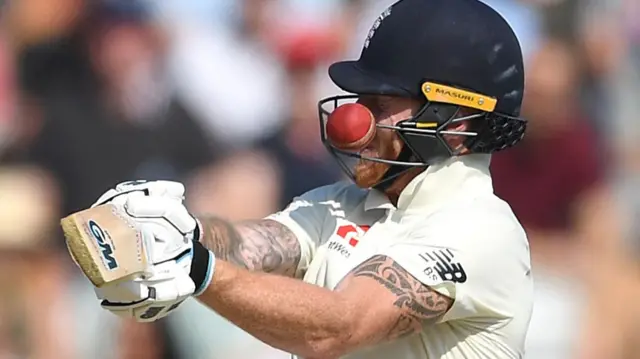 Ben Stokes of England is hit by a ball from Josh Hazlewood of Australia