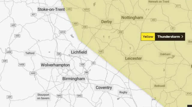 Area covered by thunderstorms warning