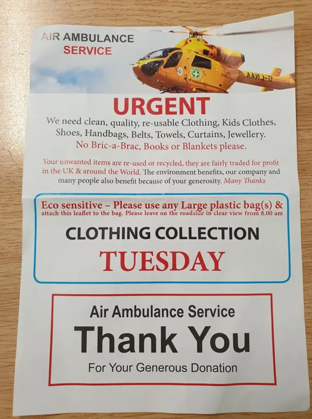 Fake leaflet appealing for donations