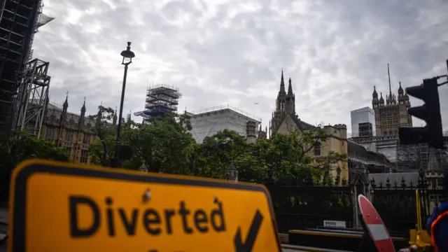 'Diverted' sign outside Parliament