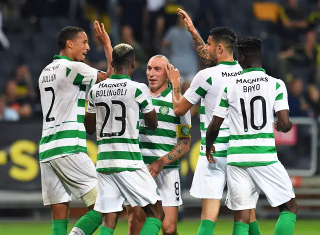 Celtic celebrate their third goal in Stockholm