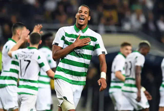 Christopher Jullien celebrates scoring the third goal for Celtic