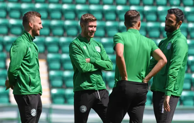 Hibs players enjoy the Leith sunshine