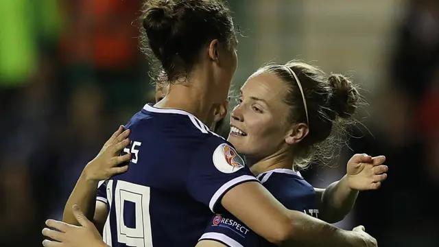 Kim Little gets a hug from Jane Ross after scoring