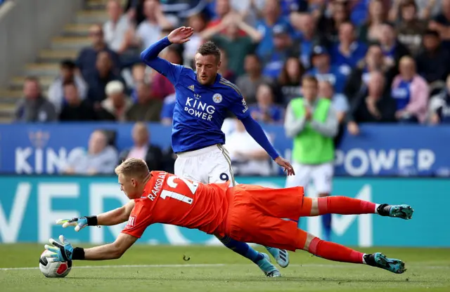 Aaron Ramsdale saves a shot from Jamie Vardy