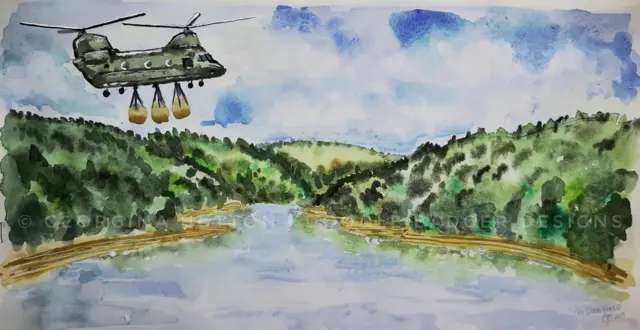 Painting of Chinook over reservoir