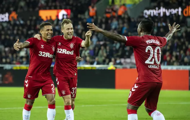 Rangers' Scott Arfield (centre) celebrates his goal with teammates James Tavernier (left) and Alfredo Morelos    los