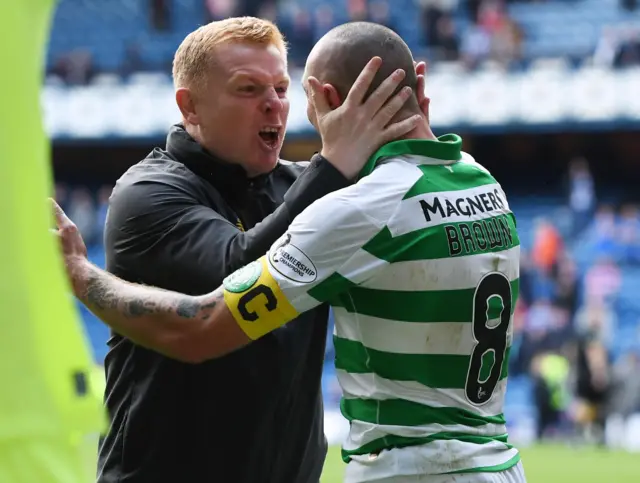 Celtic manager Neil Lennon congratulates Scott Brown