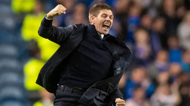 Steven Gerrard celebrates Rangers' dramatic win over Legia Warsaw on Thursday