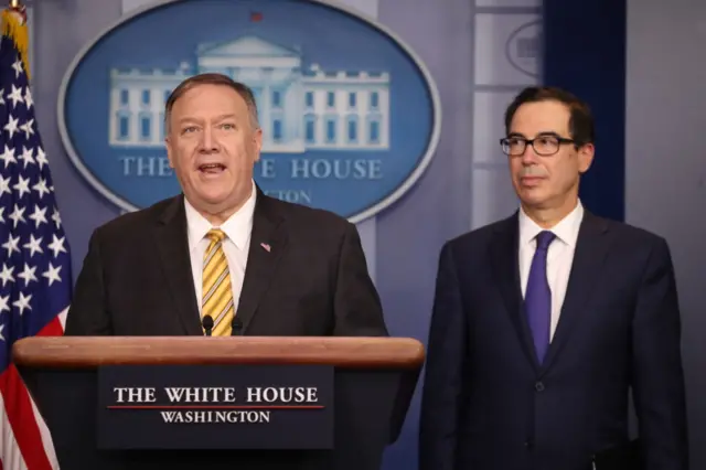 U.S. Secretary of State Mike Pompeo (L) and Treasury Secretary Steve Mnuchin brief reporters at the White House on September 10, 2019