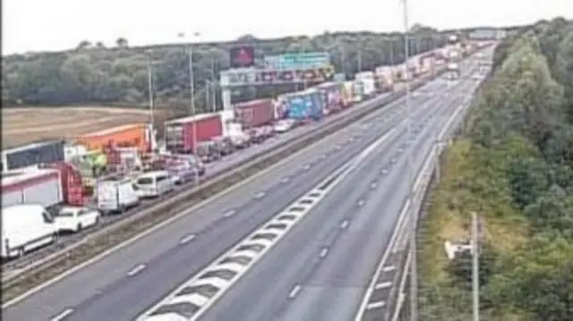 Northbound queuing traffic on M6 at J12