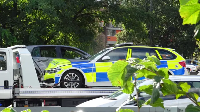 A damaged police car