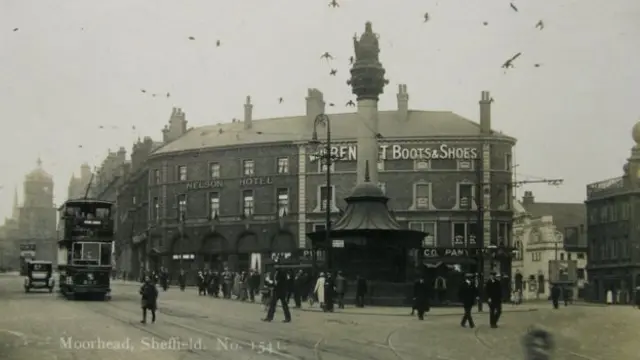 This card depicts the tram stop at Moorhead in the city centre