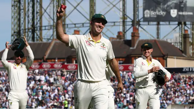 Mitch Marsh of Australia celebrates his 5 wicket haul during day two of the 5th Specsavers Ashes Test match between England and Australia at The Kia Oval