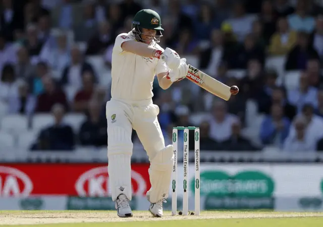 David Warner of Australia edges and is caught by Jonny Bairstow of England off the bowling of Jofra Archer of England