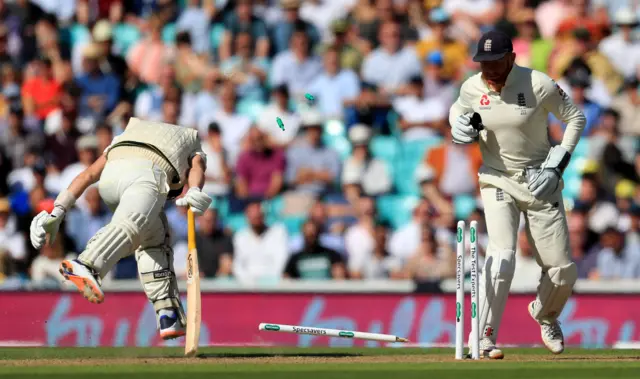 Marnus Labuschagne survives a run-out during day two of the fifth test match at The Oval