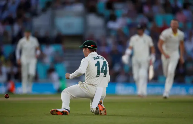 Australia's Marcus Harris drops a catch on England's Joe Denly