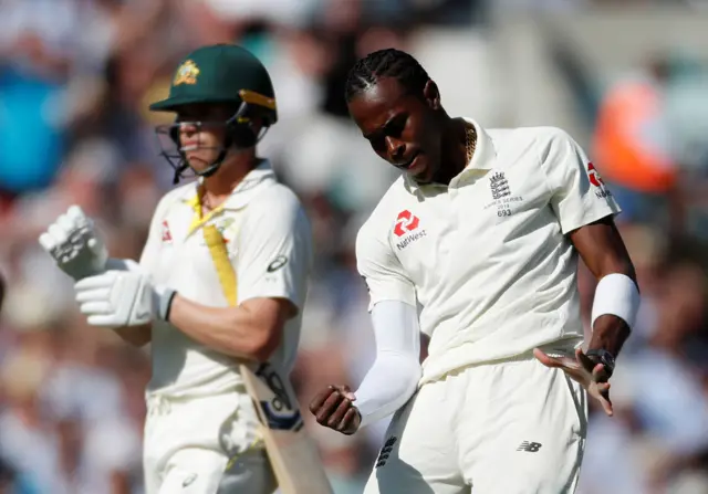 England's Jofra Archer celebrates the wicket of Australia's Marcus Harris Action