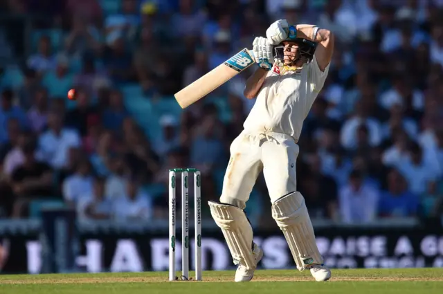 Steve Smith plays a shot on the second day of the fifth Ashes cricket Test match between England and Australia at The Oval