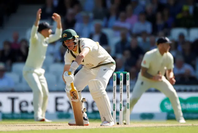 Australia's Marnus Labuschagne reacts to a delivery from England's Jofra Archer