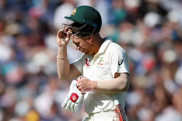 Australia's David Warner looks dejected after being caught out by England's Jonny Bairstow off the bowling of Jofra Archer